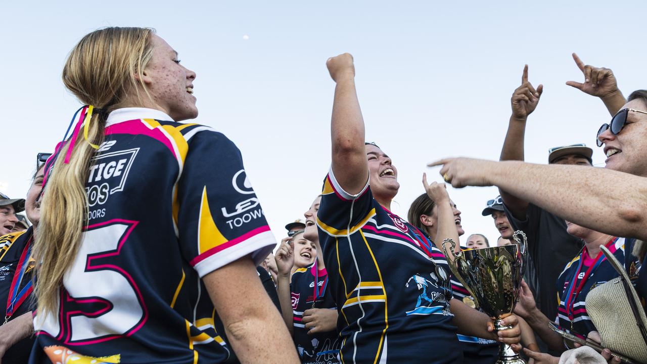 Highfields captain Katelyn Collie celebrate with her team as the TRL Women Premiers after defeating Gatton in the grand final at Toowoomba Sports Ground, Saturday, September 14, 2024. Picture: Kevin Farmer