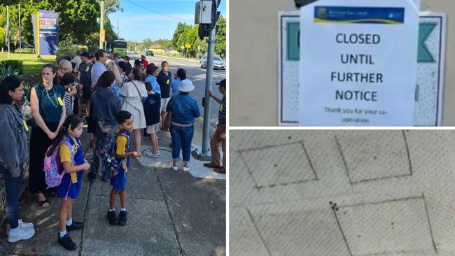 (clockwise from left) Parents protest outside Rochedale State School; classrooms were closed until “make safe'' works were done; asbestos rained down from unsealed ceiling tiles.