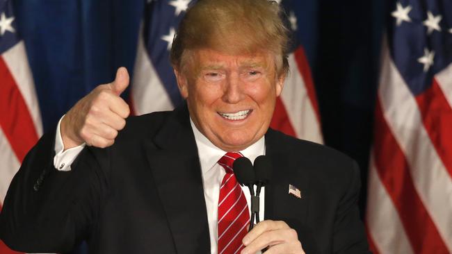 Republican presidential candidate Donald Trump gives a thumbs-up as he speaks at campaign stop, Thursday, March 2, 2016, in Portland, Maine. (AP Photo/Robert F. Bukaty)