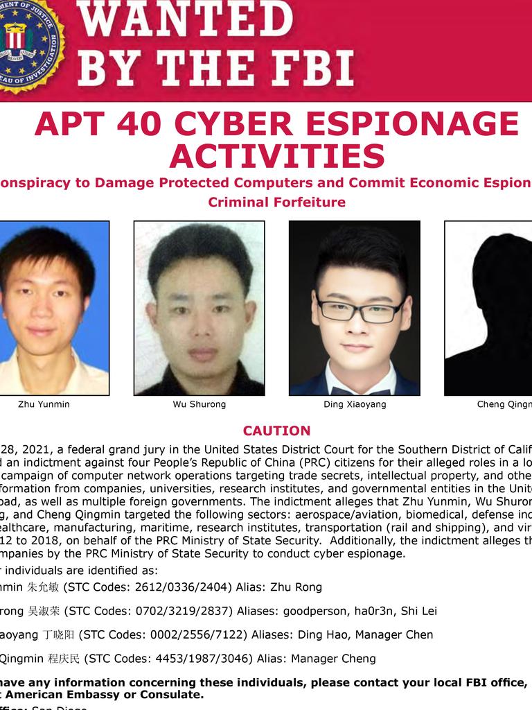 The Beijing-backed technology front company designated APT 40 using a hall room of hackers to steal Australian military, health and energy secrets, with the FBI indicting four of its principals.