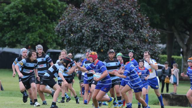 Day 1 of the King of the Country junior rugby union tournament at the Gold Coast Eagles Rugby Union Club.Maroochydore Swans (BLUE AND BLACK) vs USQ Saints (Blue ) Maroochydore Player No USQ Player No Pic Mike Batterham