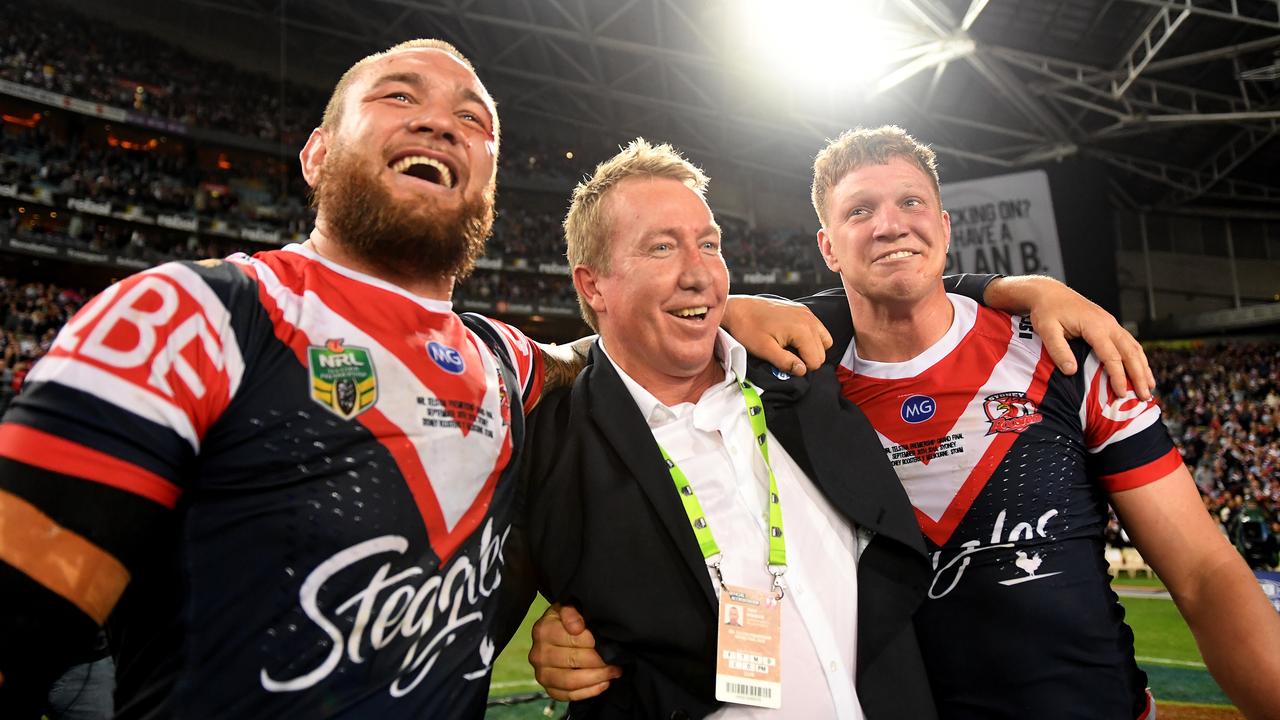 Roosters coach Trent Robinson celebrates with Jared Waerea-Hargreaves and Dylan Napa. Picture: AAP