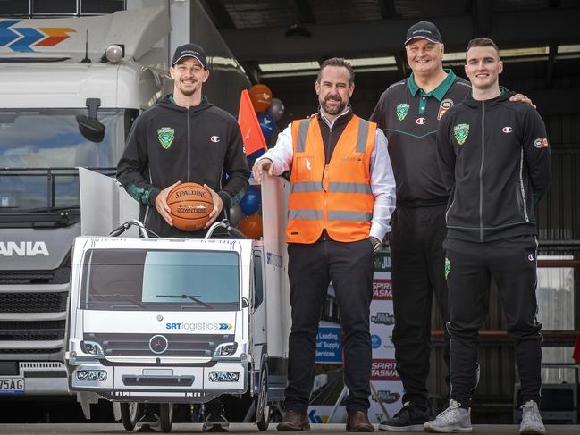 JackJumpers import Josh Adams, SRT Logistics CEO Robert Miller, coach Scott Roth and development player Sean Macdonald. Picture: Chris Kidd