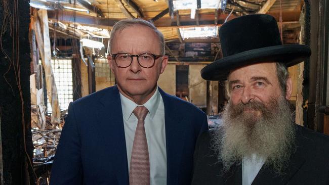 Prime Minister Anthony Albanese and Rabbi Solomon Kohn from the Adass Israel Synagogue in Melbourne. The PM visited the synagogue on 10/12/2024 following an arson attack on Friday 6/12/2024. The incident has since been labelled a terror attack. Picture: Supplied