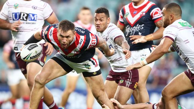 Jared Waerea-Hargreaves charges towards the line to score a try for the Roosters.