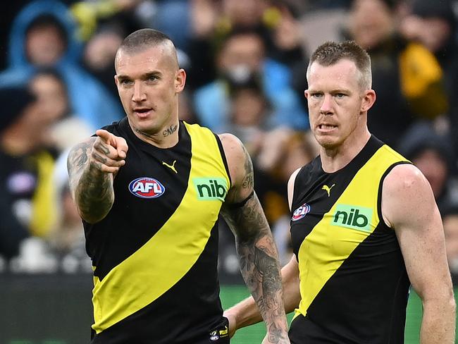 MELBOURNE, AUSTRALIA - MAY 07: Dustin Martin of the Tigers celebrates kicking a goal during the round eight AFL match between the Richmond Tigers and the Collingwood Magpies at Melbourne Cricket Ground on May 07, 2022 in Melbourne, Australia. (Photo by Quinn Rooney/Getty Images)