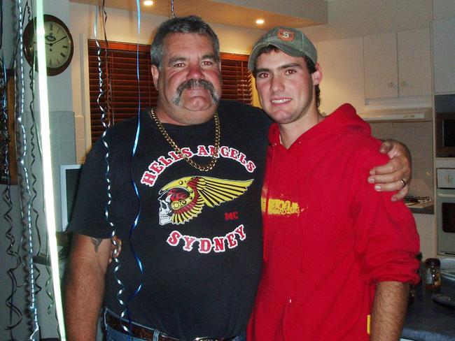 Hells Angel enforcer Peter “Skitzo” Hewat with his son, Beau Hewat. Picture: Facebook