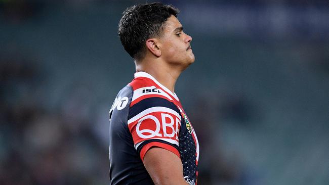 Latrell Mitchell of the Roosters reacts as he is sent to the sin bin during the Round 24 NRL match between the Sydney Roosters and the Brisbane Broncos at Allianz Stadium in Sydney, Saturday, August 25, 2018. (AAP Image/Dan Himbrechts) NO ARCHIVING, EDITORIAL USE ONLY