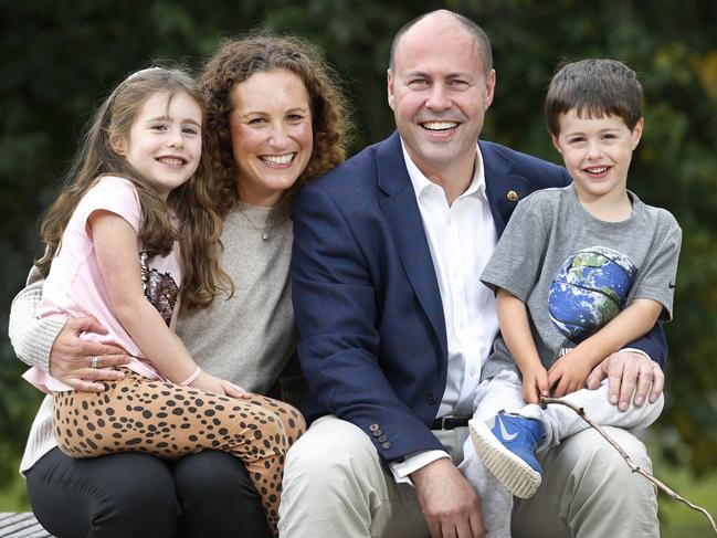 Federal Treasurer Josh Frydenberg with wife Amie and children Gemma and Blake. Picture: David Caird