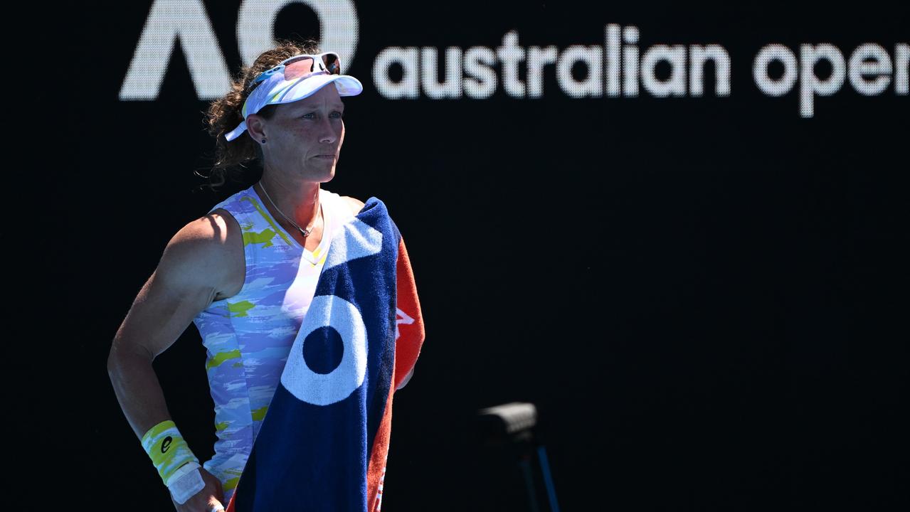 MELBOURNE, AUSTRALIA - JANUARY 20: Samantha Stosur of Australia looks on after playing her last career singles match against Anastasia Pavlyuchenkova of Russia during day four of the 2022 Australian Open at Melbourne Park on January 20, 2022 in Melbourne, Australia. (Photo by Quinn Rooney/Getty Images)