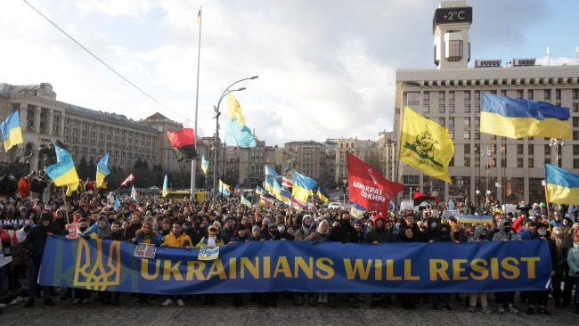 Residents in Ukraine are trying to live a normal life despite the threats from across the border. Hundreds of local gathered for protests in recent days over Russian aggression. Picture: Getty Images
