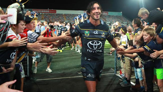 Johnathan Thurston celebrates North Queensland’s finals win over the Broncos in 2016.