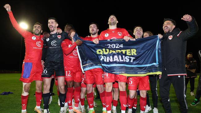 Hume City celebrates its Australia Cup win over FC Melbourne.