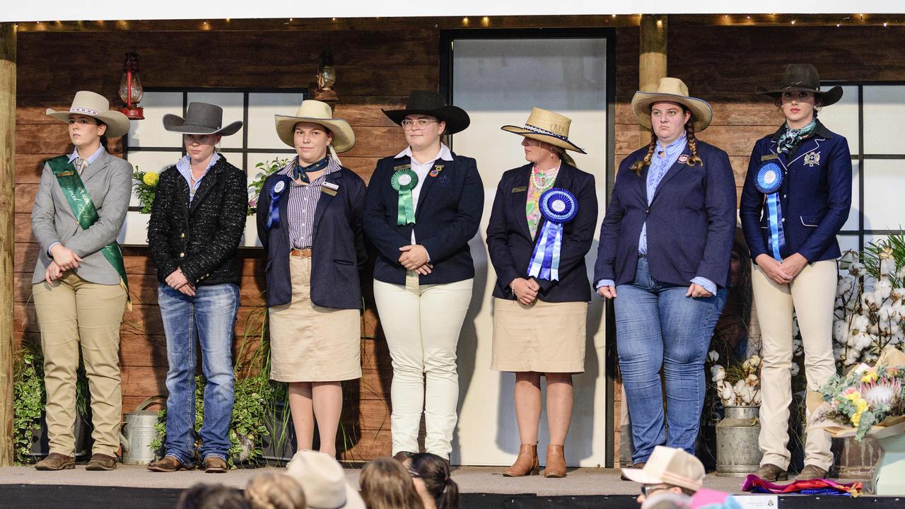 At the Darling Downs Sub Chamber Queensland Rural Ambassador Awards are (from left) Maddy Ditton (Stanthorpe), Emily Booth (Crows Nest), Shania Connolly (Warwick), Jamie Colley (Toowoomba), Georgia Sloss (Bell), Emily Akers (Dalby) and Brooke Ball (Pittsworth) at the People First Bank Toowoomba Royal Show, Saturday, March 29, 2025. Picture: Kevin Farmer