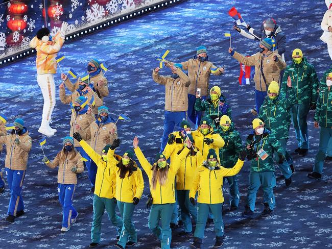 BEIJING, CHINA - FEBRUARY 20: Members of Team Australia make their way around the Beijing National stadium during the Beijing 2022 Winter Olympics Closing Ceremony on Day 16 of the Beijing 2022 Winter Olympics at Beijing National Stadium on February 20, 2022 in Beijing, China. (Photo by Sarah Stier/Getty Images)