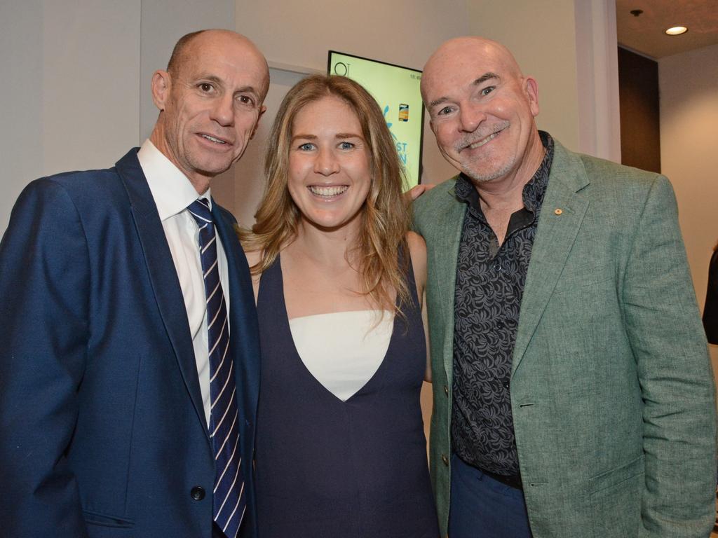 Steve Moneghetti, Jessica Trendove, Rob de Castella at Gold Coast Marathon gala dinner at QT Resort Surfers Paradise. Picture: Regina King (copyright restrictions apply 07 55322193). Pic for Peter and Regina Column GC Bulletin ONE TIME USE ONLY. Please call for permission to use.