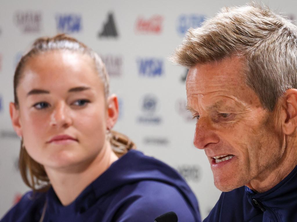 Denmark coach Lars Sondergaard and player Janni Thomsen are ready for the Matildas. Picture: DAVID GRAY / AFP