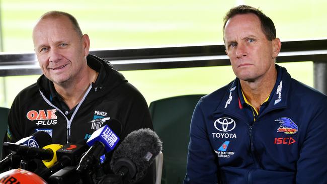 Port Adelaide coach Ken Hinkley and Adelaide Crows coach Don Pyke speak to the media ahead of Showdown 46. Picture: AAP/DAVID MARIUZ