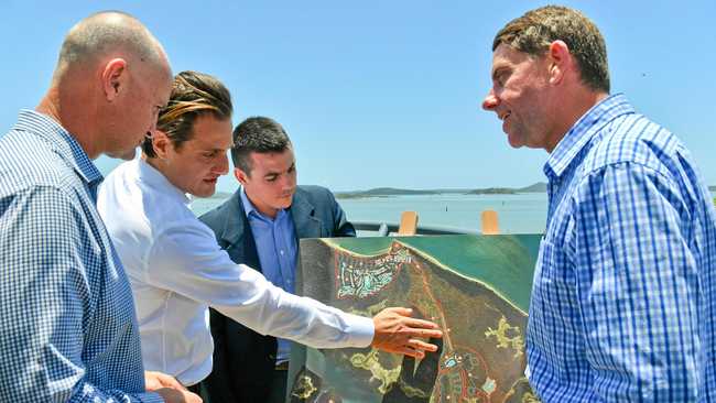 STATE NOD: Member for Gladstone Glenn Butcher, Eaton Place CEO Peter Scarf, Labor candidate for Flynn Zac Beers and Minister for State Development Cameron Dick announcing the approval of Hummock Hill Island resort. Picture: Mike Richards GLA051118HILL