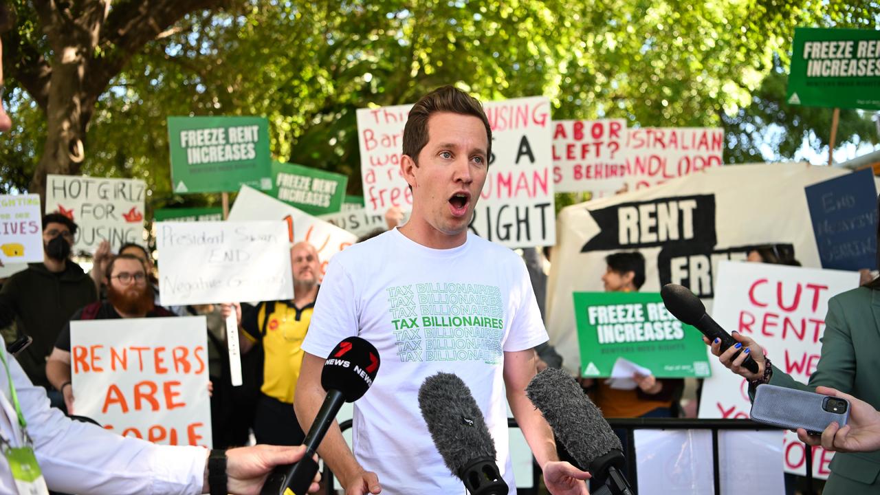 Greens housing spokesperson Max Chandler-Mather addressed a rally outside the Labor Party national conference. Picture: Dan Peled / NCA NewsWire