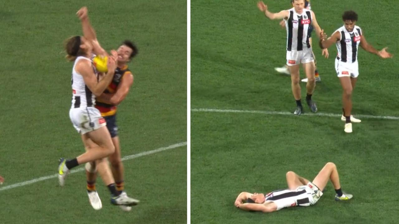 Nathan Murphy was taken high by Darcy Fogarty. Photo: Fox Footy.