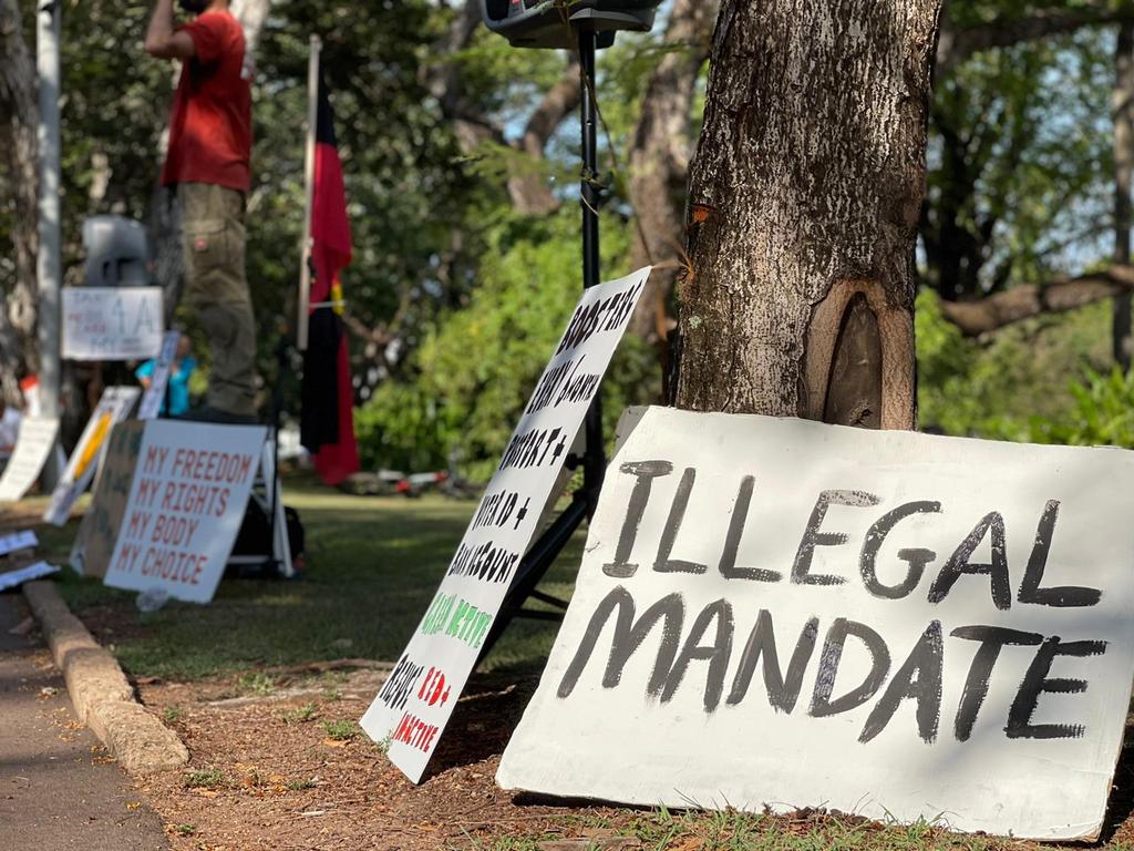 Protesters at the freedom rally in Darwin CBD on October 30, 2021. Picture: Amanda Parkinson