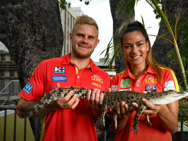 Gold Coast suns players Brandon Ellis and Taylor Thorn are in the Northern Territory to promote their team and the AFL in the NT.Picture: Che Chorley