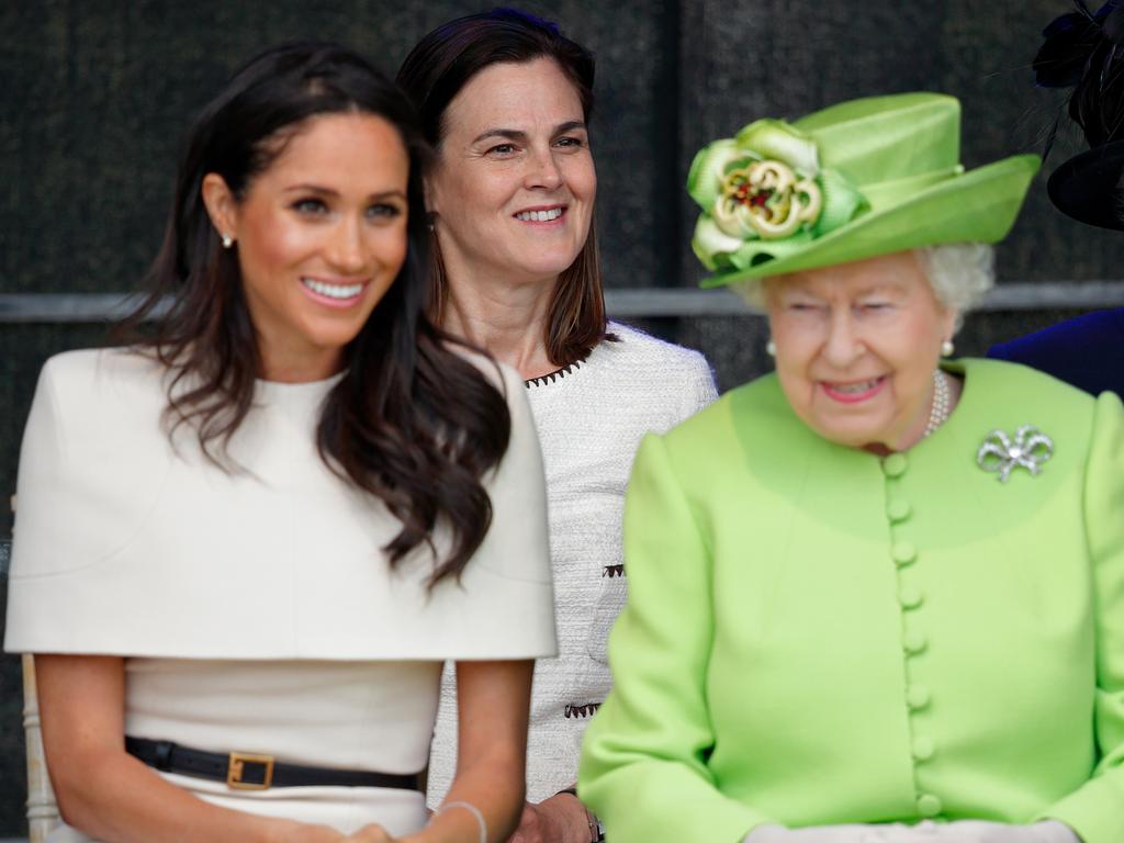 Meghan, Duchess of Sussex and Queen Elizabeth II, accompanied by Samantha Cohen, attend a ceremony to open the new Mersey Gateway Bridge on June 14, 2018 in Widnes, England. Picture: Max Mumby/Indigo/Getty Images