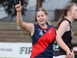 Tegan Brett celebrates a goal for Coburg. Picture: Dan Atamian