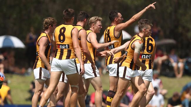 James Sicily celebrates a goal; if he plays forward, is he as SuperCoach relevant as he would be if stationed in defence?