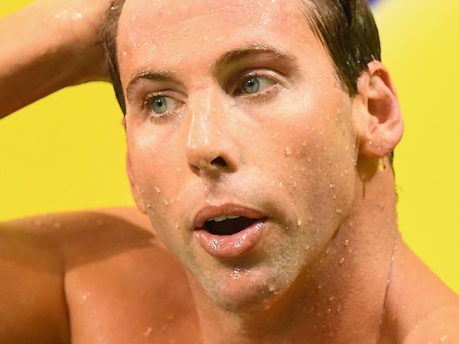 ADELAIDE, SOUTH AUSTRALIA - APRIL 07: Grant Hackett of Australia catches his breath after racing in the final of the Men's 400 Metre Freestyle during day one of the 2016 Hancock Prospecting Australian Swimming Championships at South Australian Aquatic & Leisure Centre on April 7, 2016 in Adelaide, Australia. (Photo by Quinn Rooney/Getty Images)