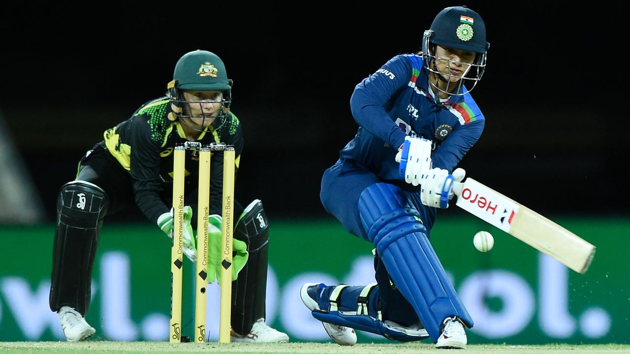 Smriti Mandhana whacked the Aussies all over the park in the Indians’ failed run chase. Picture: Getty Images