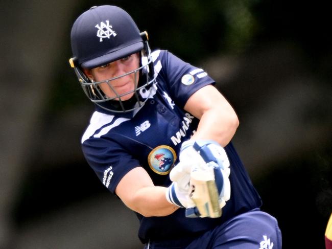 BRISBANE, AUSTRALIA - JANUARY 17: Rhiann O'Donnell of Victoria plays a shot during the WNCL match between Queensland and Victoria at Ian Healy Oval, on January 17, 2023, in Brisbane, Australia. (Photo by Bradley Kanaris/Getty Images)