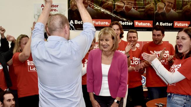 Justine Elliot greets supporters at her Tweed office as she awaits the results of the 2022 Federal Election. Picture: Tessa Flemming