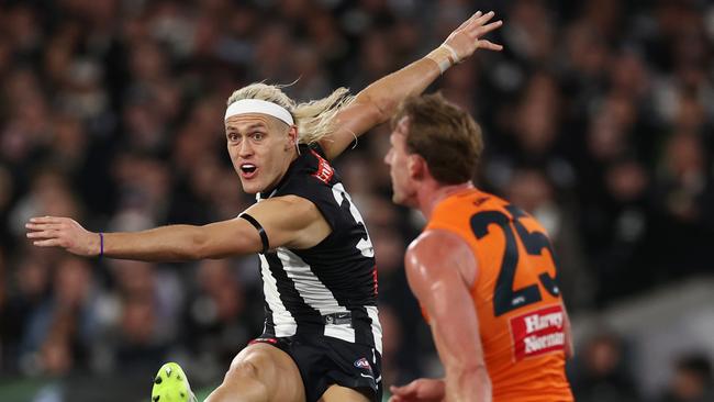 Darcy Moore and the Magpies’ defence have a tough day ahead of them. Picture: Michael Klein