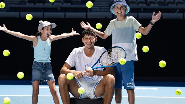 FOR MONDAY PRINT>  DO NOT USE WITHOUT CONTACTING HERALD SUN PIC DESK  January 4:  Alexei Popyrin met up young fans Ella and Sam ahead of AO 2025 Opening Week sponsored by the Herald Sun.  Saturday, January 4, 2025. Photo by TENNIS AUSTRALIA/ FIONA HAMILTON