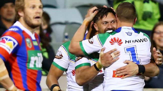 Jordan Rapana celebrates one of three tries.