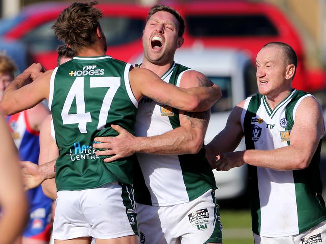 GFL: South Barwon v Bell Park. Belle Park's Jarrod Garth celebrates kicking a goal after the 1/4 time siren. Picture: Mike Dugdale