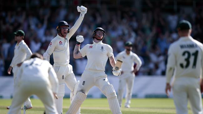 England’s Ben Stokes, right, and Jack Leach celebrate their victory in the Third Test at Headingley. Picture: AP