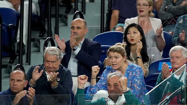 Sofia Kenin’s father (bottom right) Alexander was animated for the entire match. Picture: AAP.