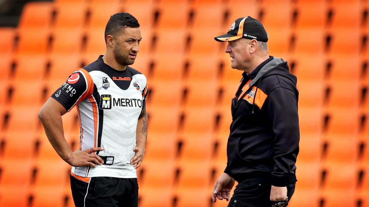 Tim Sheens (R) led the Tigers through their most successful period, including the 2005 premiership win. Picture Gregg Porteous