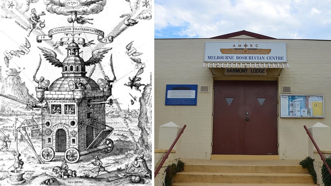 Left, an antique Rosicrucian symbolism illustration and, right, their Melbourne centre (Picture: Flickr/Alpha).