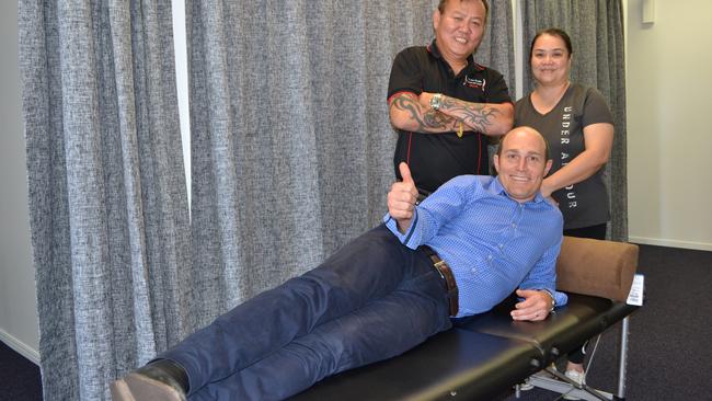 Kenny and May Fong with Shaun McLaren in the new Tit Tar Massage Studio in Vincent.