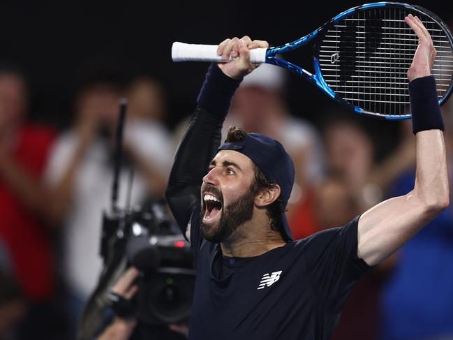 Jordan Thompson of Australia celebrates winning his match against Rafael Nadal. (Photo by Chris Hyde/Getty Images)