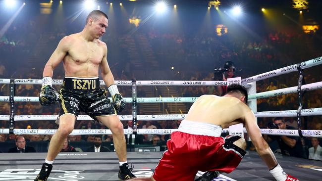 Tim Tszyu floors Carlos Ocampo during the WBO Iterim Super-Welterwight title bout in June. Picture: Getty