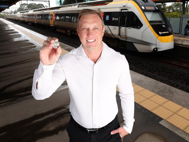 Premier Steven Miles at the Mango Hill Train Station with 50c. Pic Annette Dew