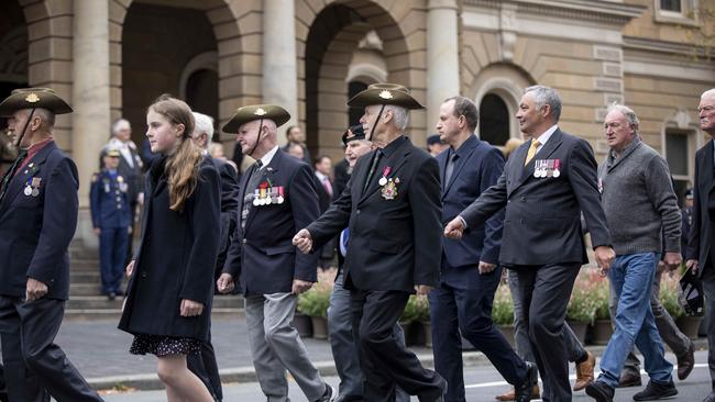 Marchers make their way to the Hobart Cenotaph on Anzac Day, 2022.