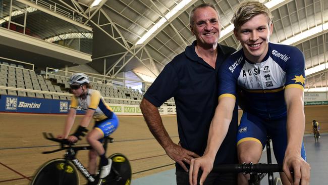 Olympic champion Mike Turtur and world champion Alex Porter at the Adelaide SuperDome ahead of Friday night's The Advertiser Track Down Under event. Picture: Bianca De Marchi.