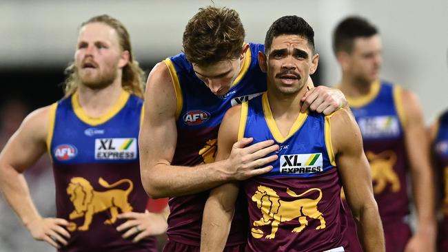 Harris Andrews and Charlie Cameron react after losing last year’s preliminary final to Geelong. Picture: Quinn Rooney/Getty Images