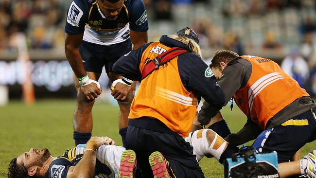 CANBERRA, AUSTRALIA - MAY 29: Sam Carter of the Brumbies is injured during the round 16 Super Rugby match between the Brumbies and the Bulls at GIO Stadium on May 29, 2015 in Canberra, Australia. (Photo by Stefan Postles/Getty Images)